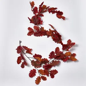 Burgundy Red Autumn Oak Leaf & Faux Acorns Fall Table Runner Mantel Garland