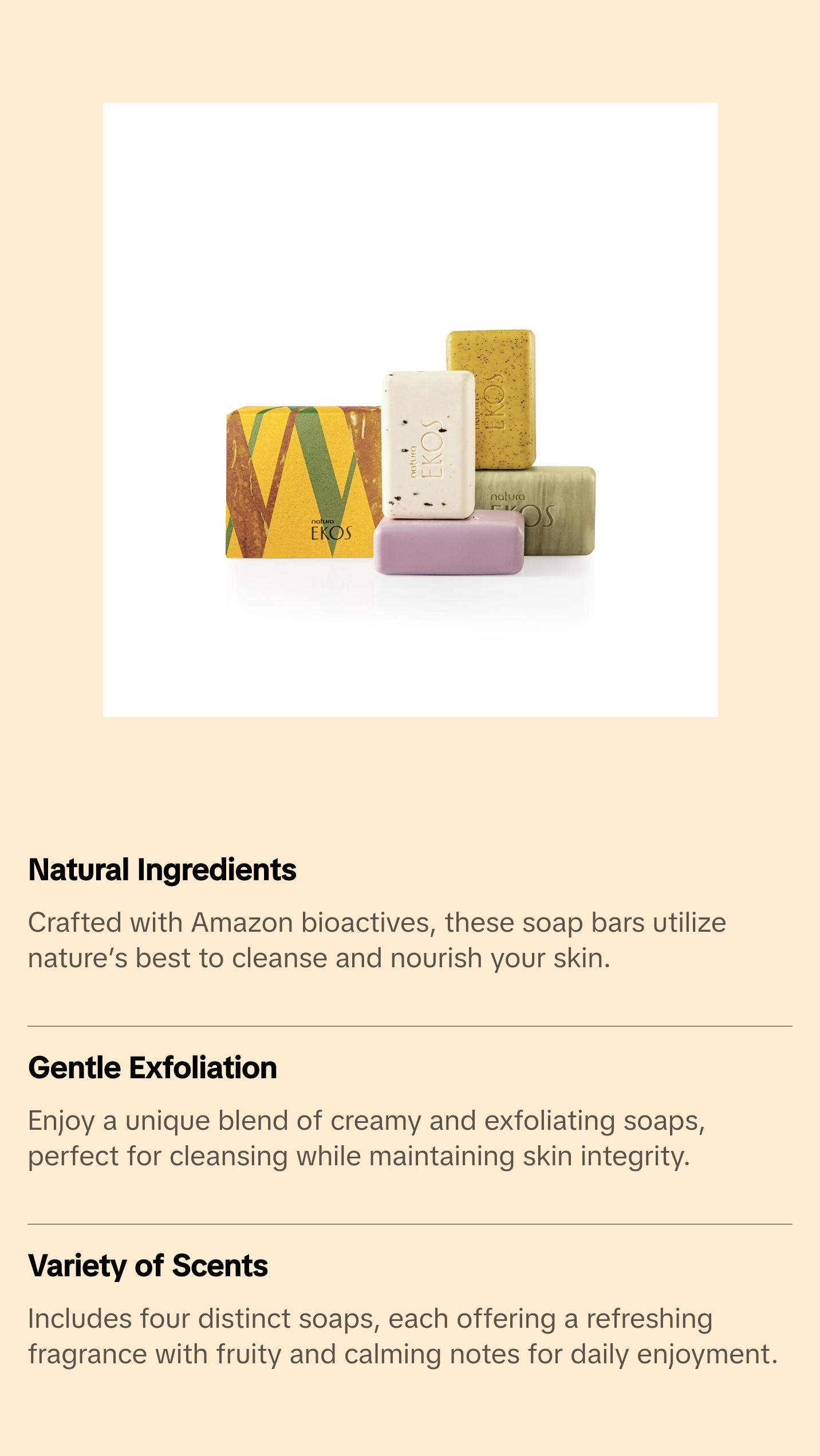 Natura Exfoliating Bar Soap Set of 4, Vegan Hydrating Brazil Nut, Andiroba, Açaí & Passion Fruit Soaps