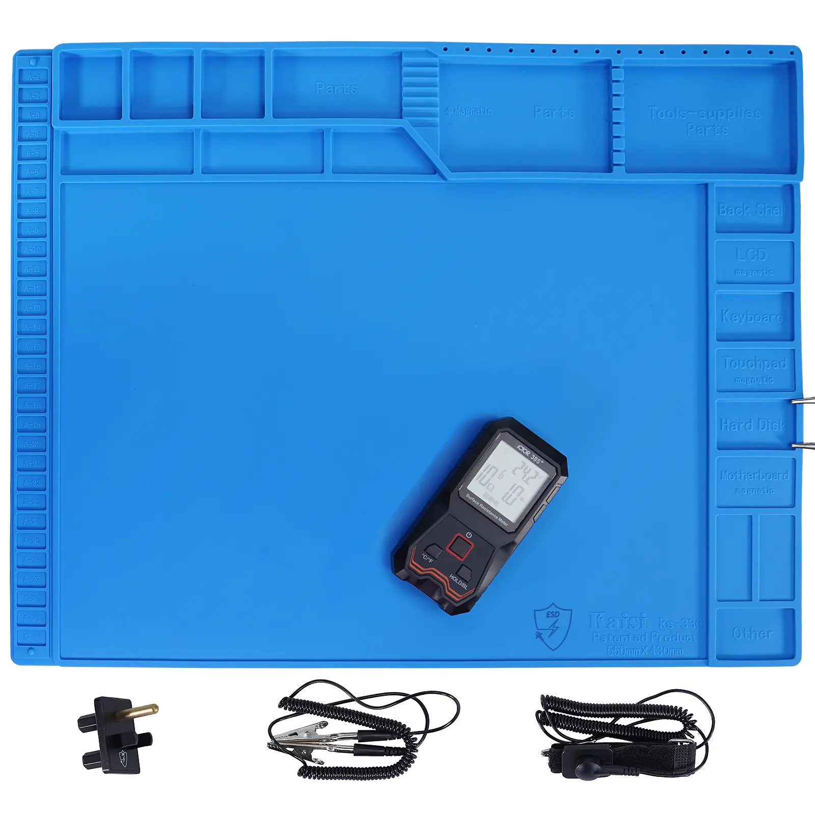 Kaisi Large Anti Static Mat with Grounding Accessories,Heat Resistant Silicone Soldering Mat,Magnetic Work ESD Pad for pc building, Electronics, Laptop, Cellphone Repair Soldering 21.6" x 16.9"