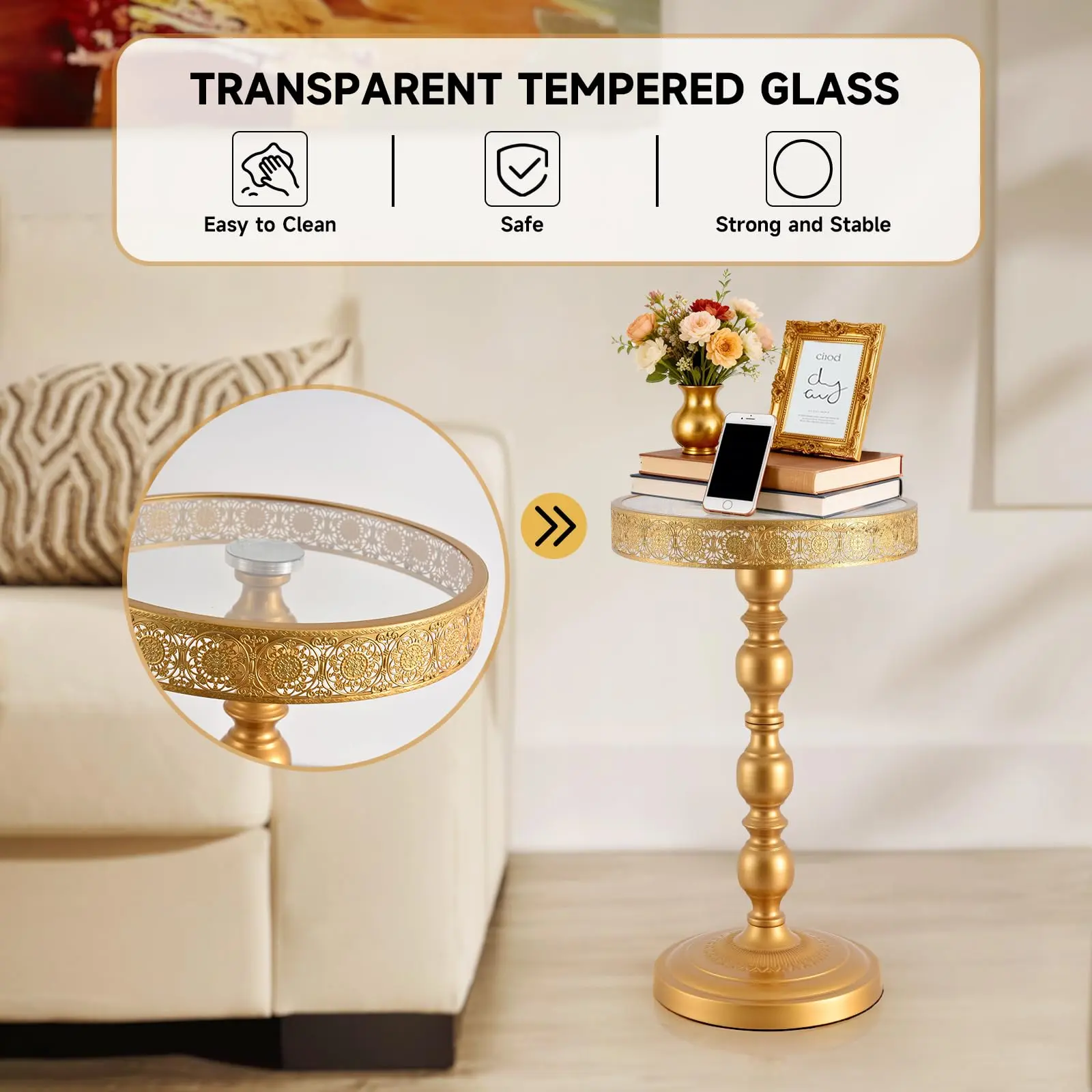 Compact Gold Round Scratch-Resist Glass End Table - Hollow-Carved Metal Frame Pedestal, Versatile Side Table, Hallway/Entryway Furniture for Small Spaces, Modern Home Decor Gift for Women