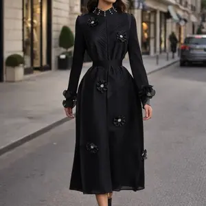 Elegant Floral Pleated Midi Dress Luxury Evening & Church Wear with Embellished Flower Details and Satin Finish