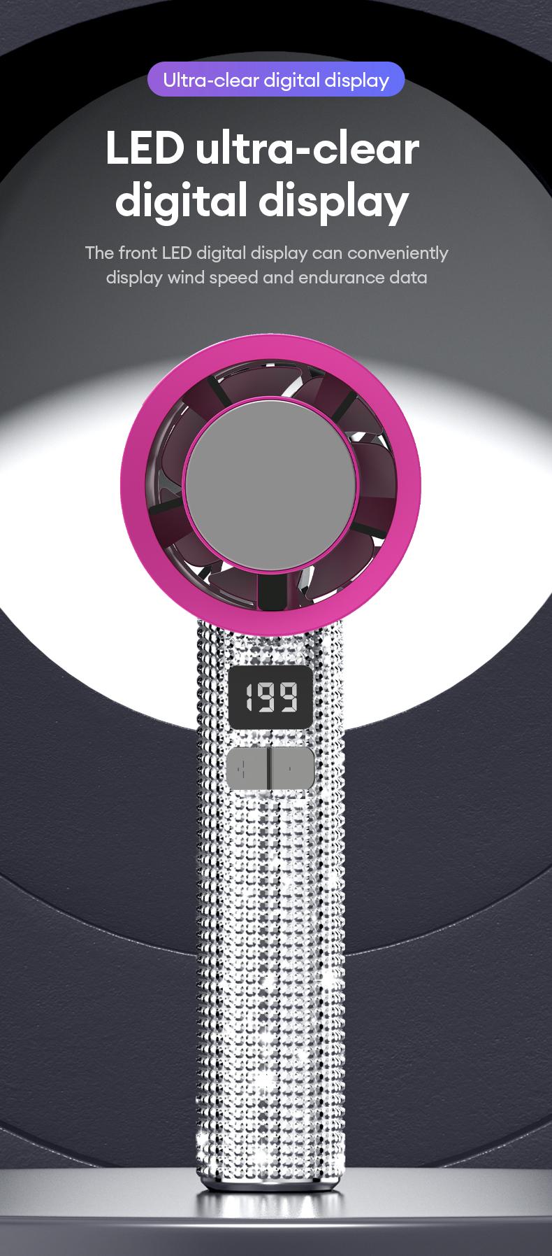 PAXA M15 Full Diamond Luxury Craftsmanship Portable Handheld Turbo Fan, 3 Gear Wind, Rechargeable Long Battery Life Hand Fan With Digital Display For Outdoor Activities, Travel, Office, Wonmen's gift