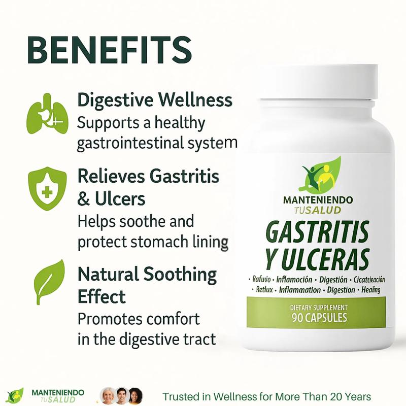 Manteniendo Tu Salud Gastritis y Ulceras, 90 Capsules Dietary Supplement with Slippery Elm Bark & Goldenseal Root for Natural Digestive Health Support
