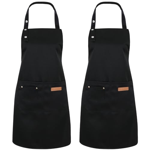 2 Pack Kitchen Aprons for Women Adjustable Cooking Aprons with Pockets Waterproof Chef Aprons in Black Polyester Material 75cm Length 65cm Base Width Practical Pockets & Adjustable Neck professional apron
