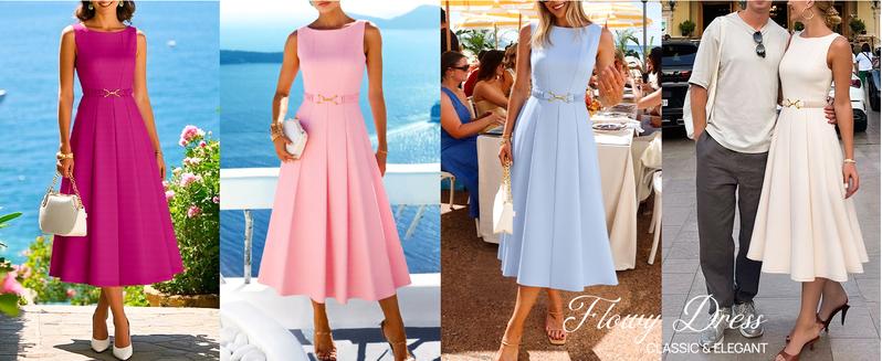 ZESICA Women Summer Sleeveless Midi Dresses 2026 Elegant Boat Neck A Line Tie Waist Spring Cocktail Party Dress
