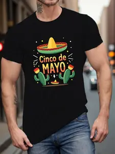 Men's May 5th Pattern T-Shirt |   Black Short Sleeve Round Neck Casual T-Shirt with Mexican Hat and Cactus Print, Festival Party Vacation Streetwear, Comfortable Fit for All Seasons, Eye-Catching Shirt, S-XXXL, Men's Gift