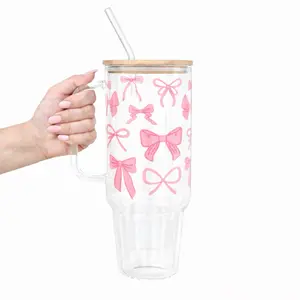 JCH Creations 40oz Coquette Glass Tumbler – Aesthetic Cup with Lid & Plastic and Glass Straws, Iced Coffee Glass, Cute Gift for Her Water Bottle Drinkware Portable Washable Reusable Mug