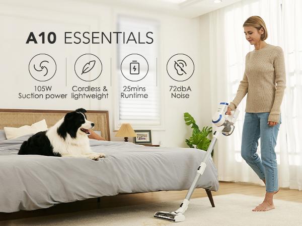 Tineco A10 Essentials Cordless Stick Vacuum Cleaner, Lightweight and Quiet, Powerful Suction, Converts to Handheld Vacuum with Attachments, Wall-Mounted Dock