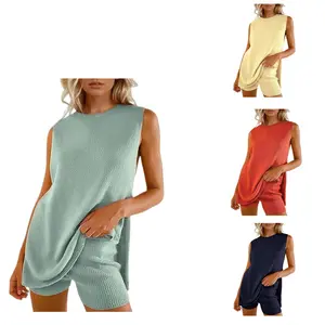 2 Piece Sets for Women Summer, Sweater Set Sleeveless Tunic Top and Shorts Beach Vacation Sets Tracksuits