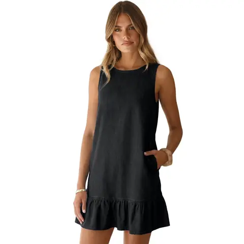 SIDEFEEL Women's Sleeveless Denim Dress Round Neck Ruffled Hem Casual Loose Denim Dress Fall Fall
