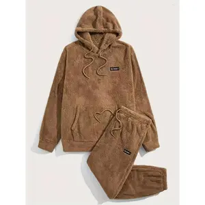 2-Piece Fluffy Men's Outfit Set: Casual Hooded Sweatshirt & Sweatpants Joggers for Winter Fall - Long Sleeve Pullover Hoodie and Soft Fleece Pants