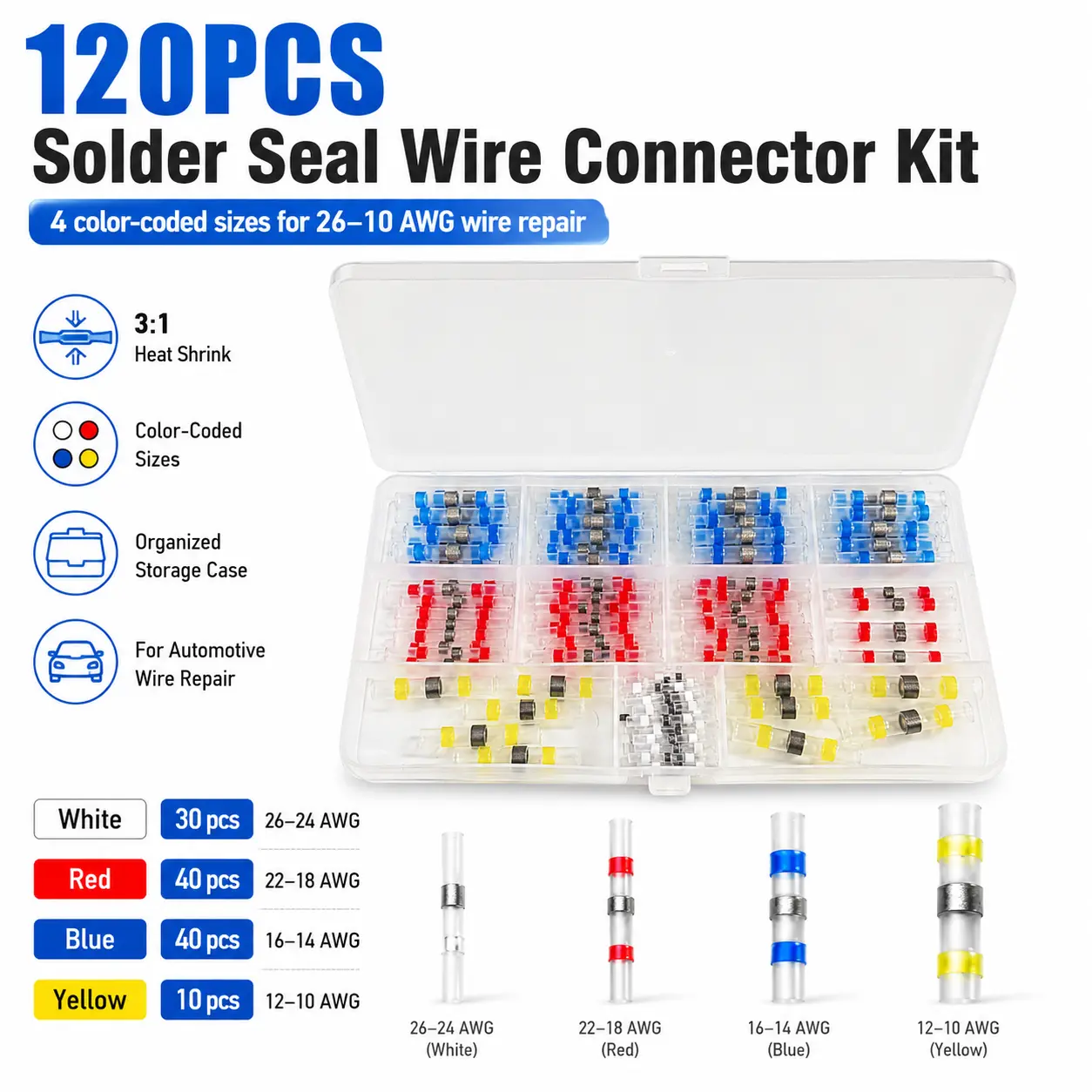 120PCS Solder Seal Wire Connectors Kit - 3:1 Heat Shrink Waterproof Butt Terminals, 4 Color-Coded Sizes for 26–10 AWG Wire Joining, Waterproof Sealant for DIY Users, Outdoor Safe Automotive Marine Electrical Repair