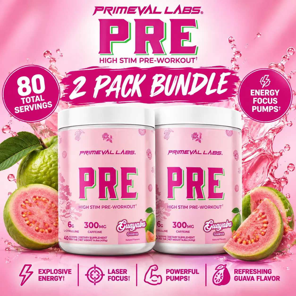 Primeval Labs Guayaba PRE-Workout 2 Pack Bundle – 80 Servings | High Stim Pre Workout Powder | Energy, Focus & Pump | Horchata Flavor | Gym & Fitness Supplement