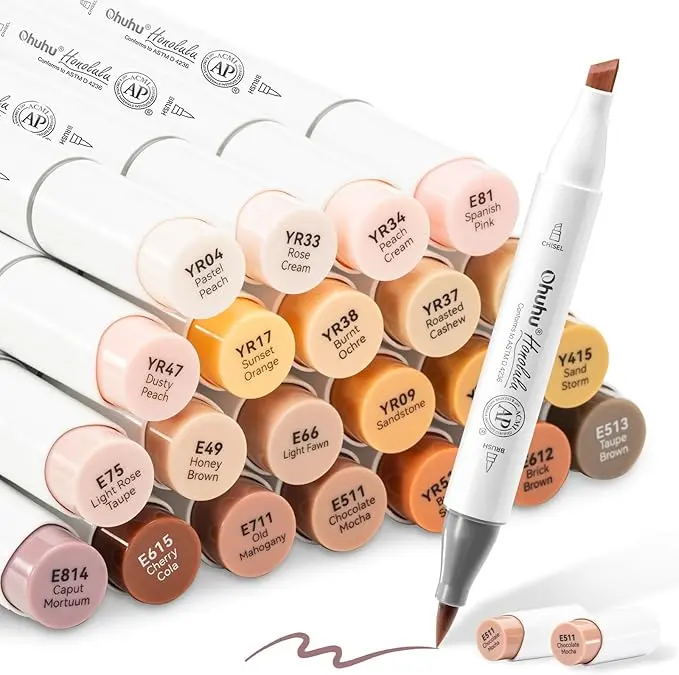 Ohuhu Alcohol Markers - Brush & Chisel Double-Tips Coloring Supplies, 24 Skin-Tone Acrylic Markers with Alcohol Ink, AP Certified Refillable for Beginner Artists' Drawing & Illustration, Honolulu & B Series, Blending