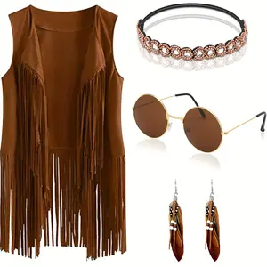 60s 70s Outfits For Women Disco Hippie Costume Clothes Woman Cowgirl 70s Costume Tops Women Fringe Hippie Vest Brown Prom Corset Top