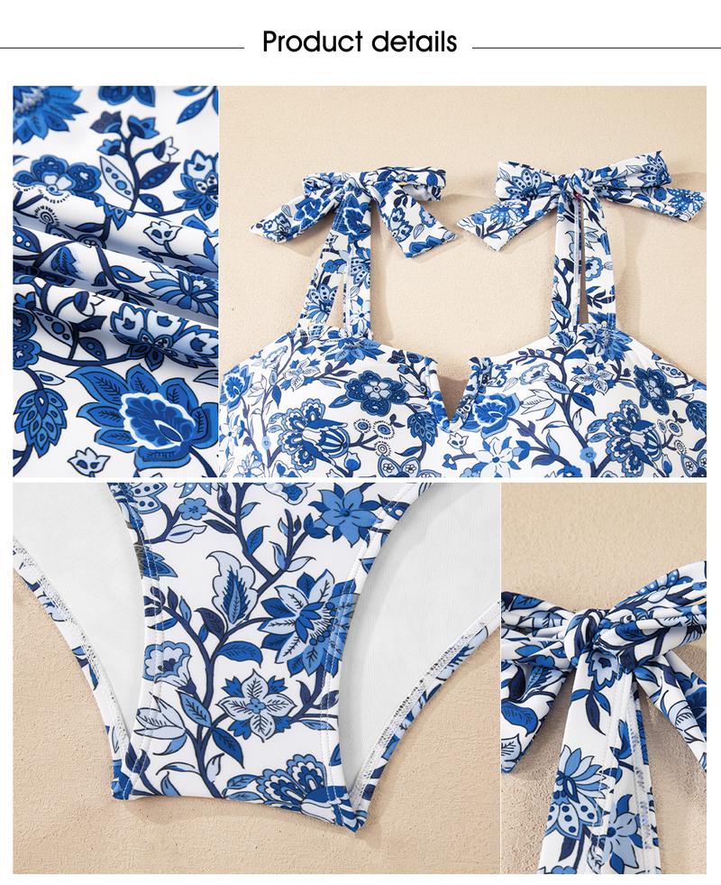 Aleumdr Women's One Piece Swimsuits Tummy Control Bathing Suits V Neck Boho Tie Shoulder Ruched Full Coverage Swimwear