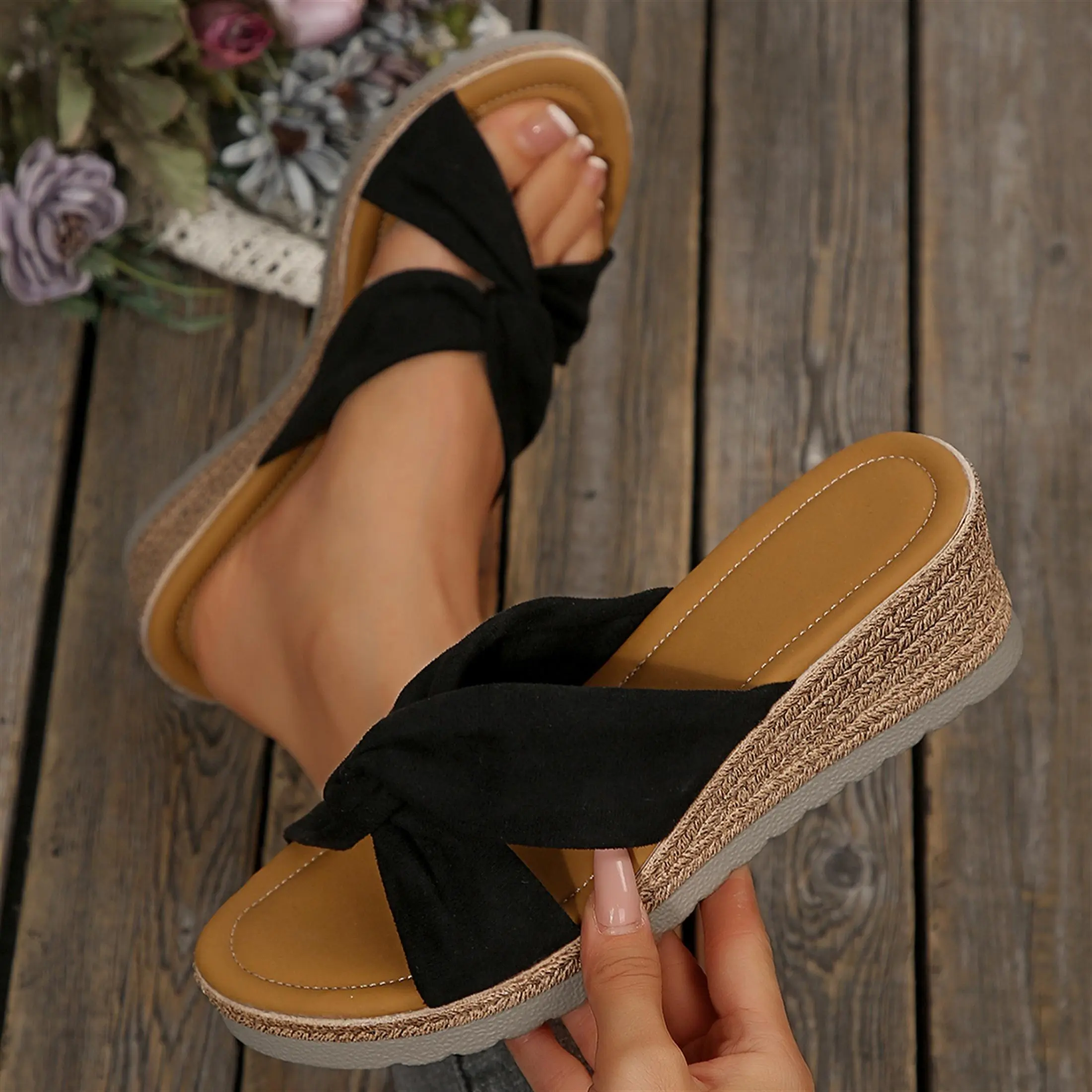 Women's Espadrilles Wedge Sandals Slides Platform Slip on Bow Knot Open Toe Summer Mules Shoes