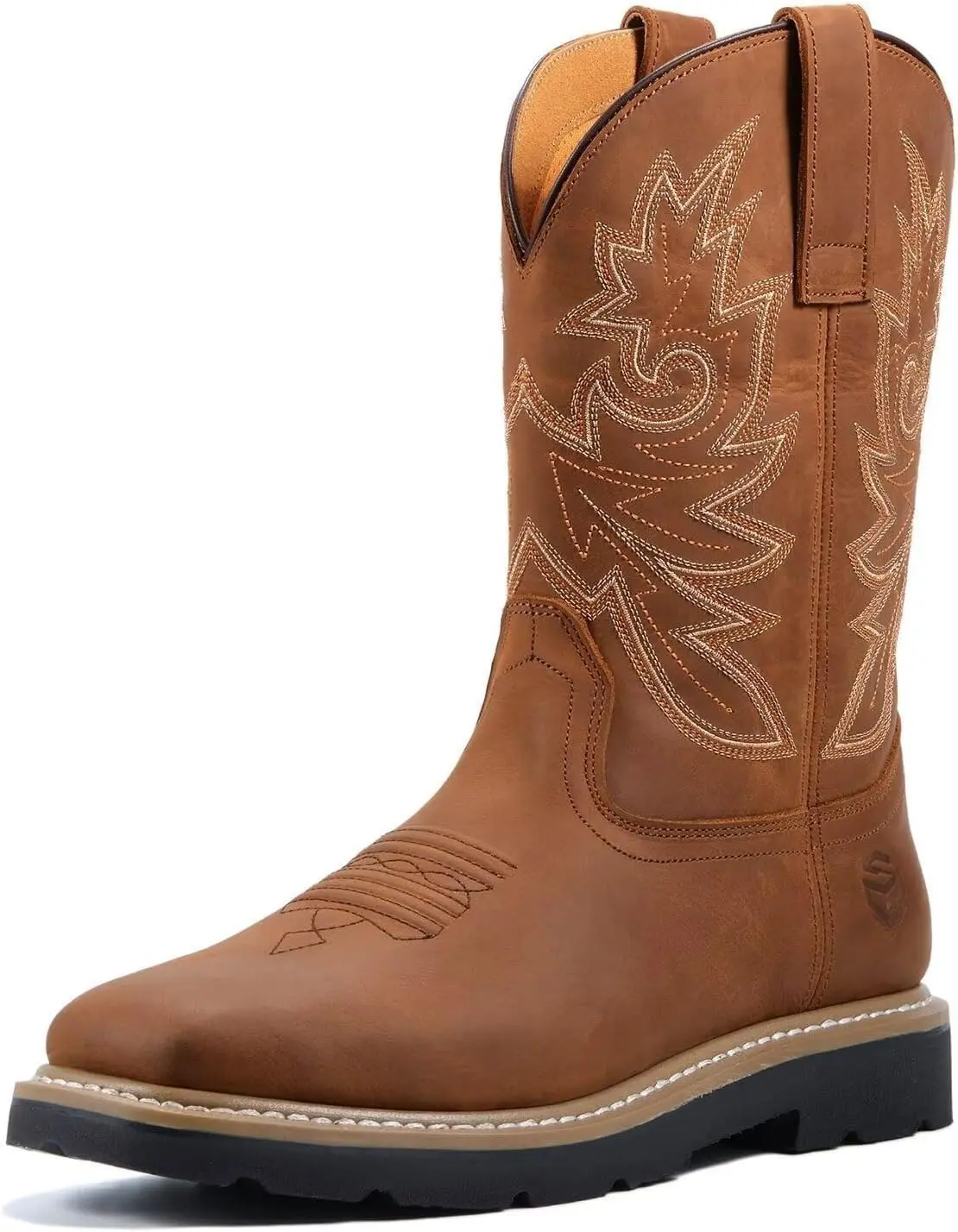 SUREWAY Men's Waterproof Cowboy Work Boots | Full Grain Leather,Square Toe,Pull On Western Boots