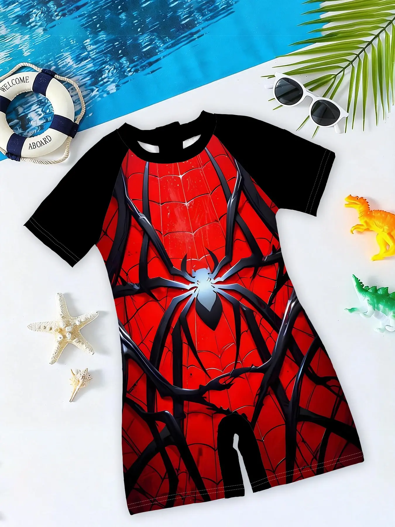 Boys' one-piece swimsuit "Red and Black Battle Suit Spider Edition", short-sleeved square-leg one-piece design, quick-drying, breathable and sweat-resistant, suitable for seaside splashing, pool fun and summer outings with varied looks, Swim Wear