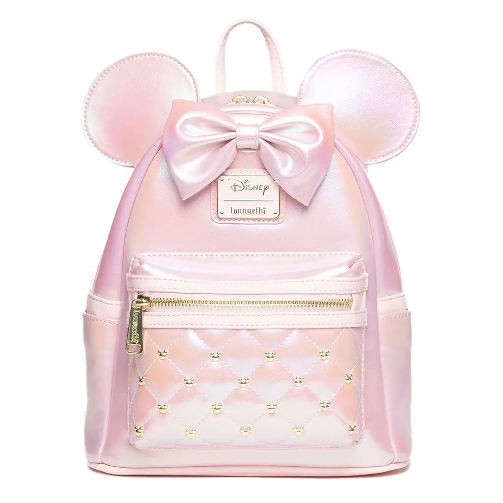 Loungefly Disney Minnie Mouse Rose Iridescent PU Leather Mini Backpack for Women, Quilted Stylish Casual Daypack with Studded Details, 707 Street Exclusive Casual Printed Daily Backpack