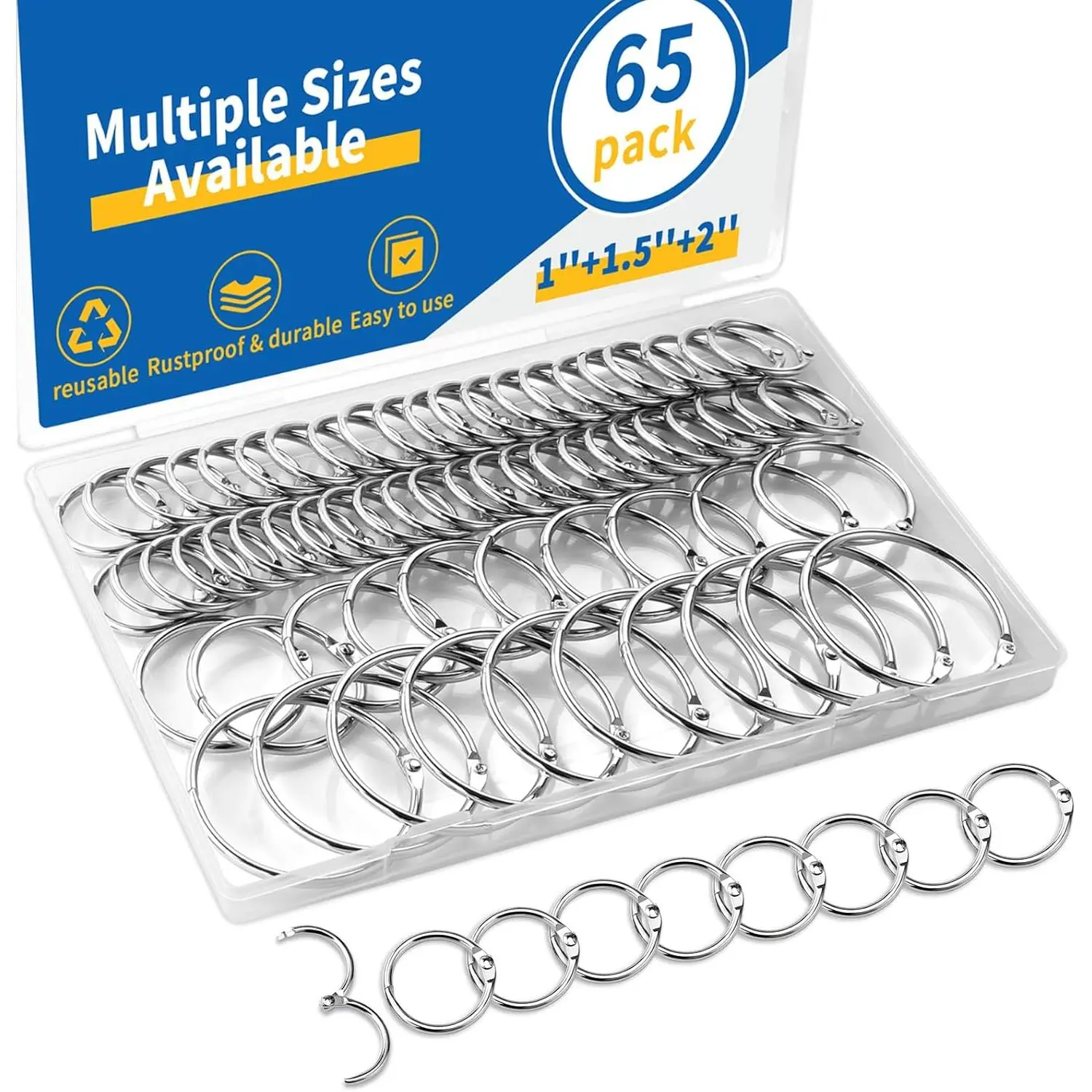 65 count Binder Rings, Assorted Sizes- Nickel Plated  Metal Rings for Index Cards &  Rings-Loose Leaf Binder Rings for Book Rings, Paper Rings-Heavy Duty Ring Binder Clips for Office