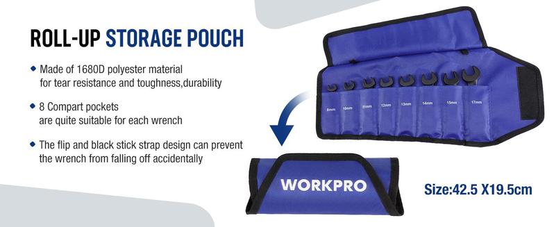 #JumpstartSale WORKPRO 8-Pack Flex-Head Stubby Anti-slip Ratcheting Wrench Set with Rolling Pouch