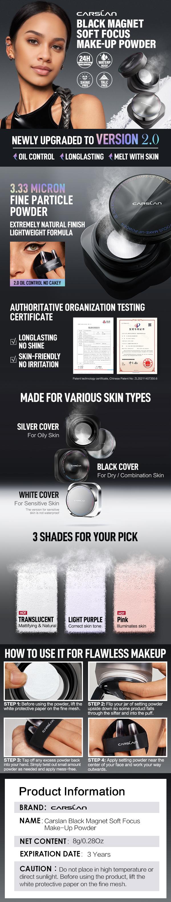 [2.0]CARSLAN Black Magnet Soft Focus Make-up Powder+Liquid Powder Makeup Setting Spray, 24HLongglasting, Oil Control, Waterproof, Blurring Pores Summer Spray & Set Combo