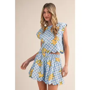 Lemon Gingham Scalloped Top & Skort Set Blue