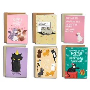 Mixed Year-Round Set for Cat Lovers - 6 Unique Designs for Cat Lovers - Sleazy Greetings 5 x 7 Inch Cards with Matching Kraft Envelopes - Made in USA