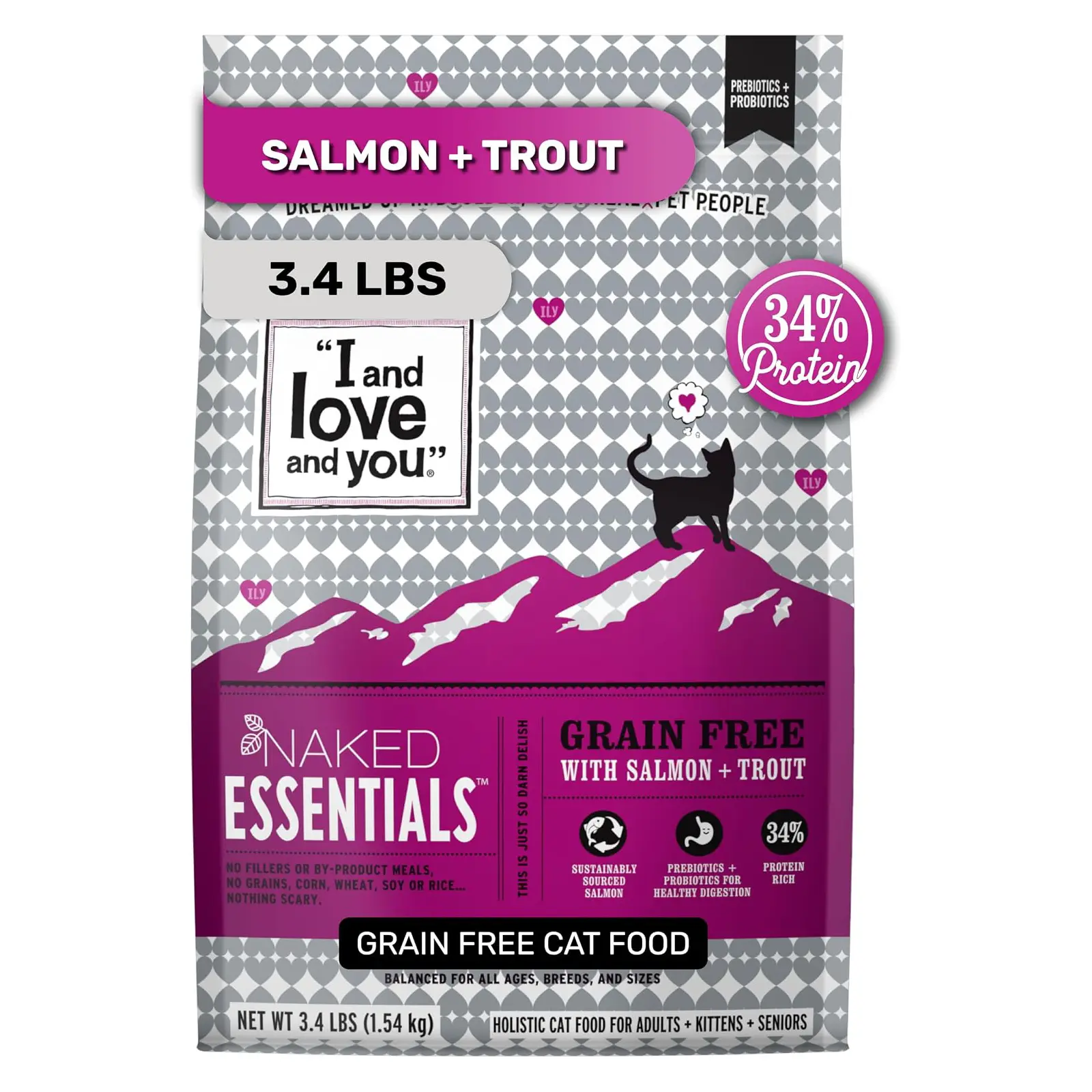 I and love and you Naked Essentials Dry Cat Food - Salmon + Trout - Grain Free, Real Meat, No Fillers, Prebiotics + Probiotics, 3.4lb Bag