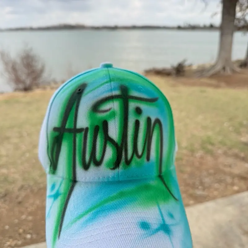 Airbrush Hat One Word - Green and teal Baseball Cap with Custom Name Design