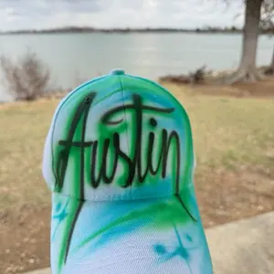 Airbrush Hat One Word - Green and teal Baseball Cap with Custom Name Design