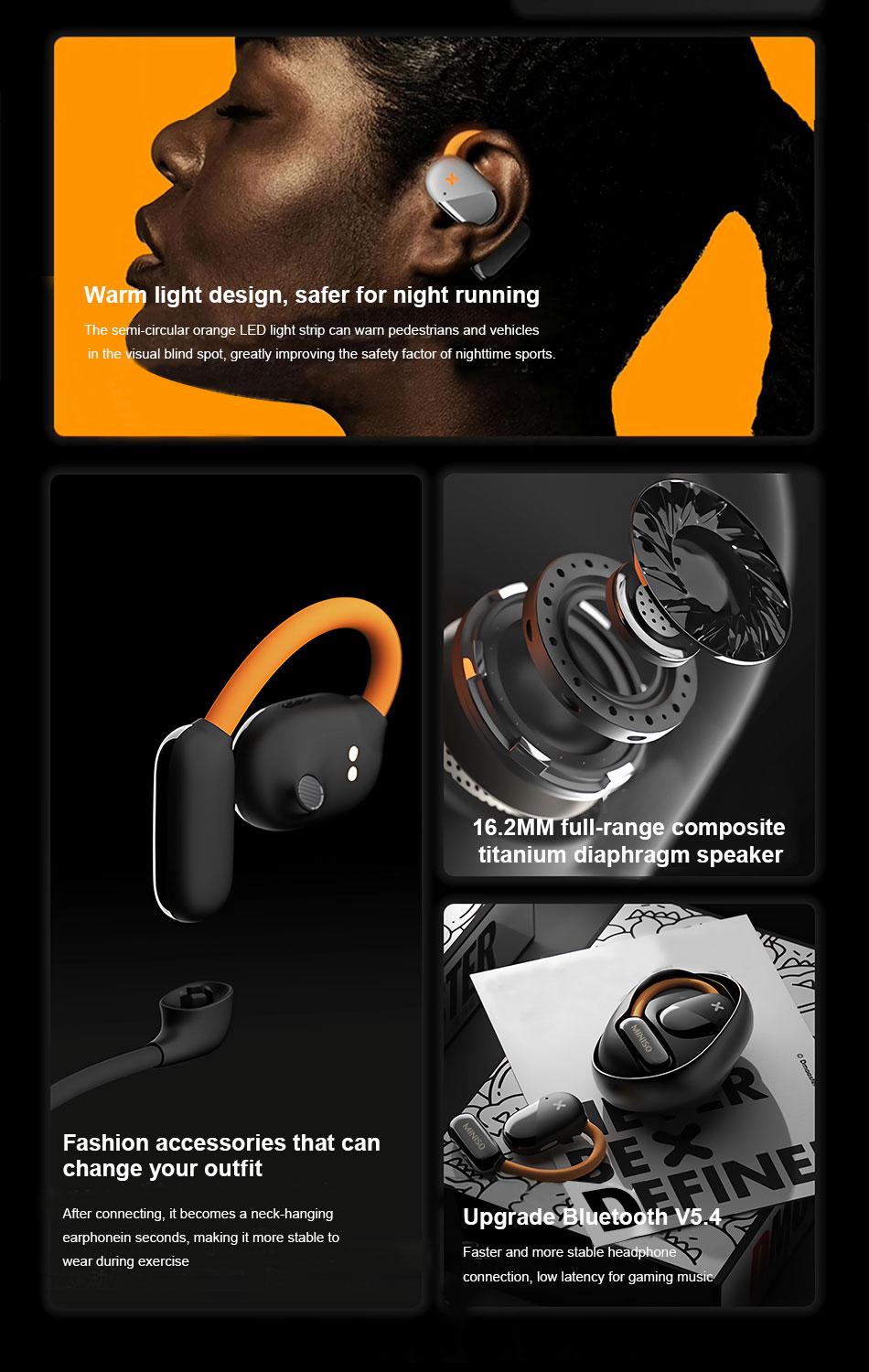 MINISO Open Wireless Earbuds Bluetooth, Headphones Stereo,Built-in Mic Headset,headphones Stereo,30H Long Playtime,High-quality Sound Earbuds,Suitable,For Gym Running Workout