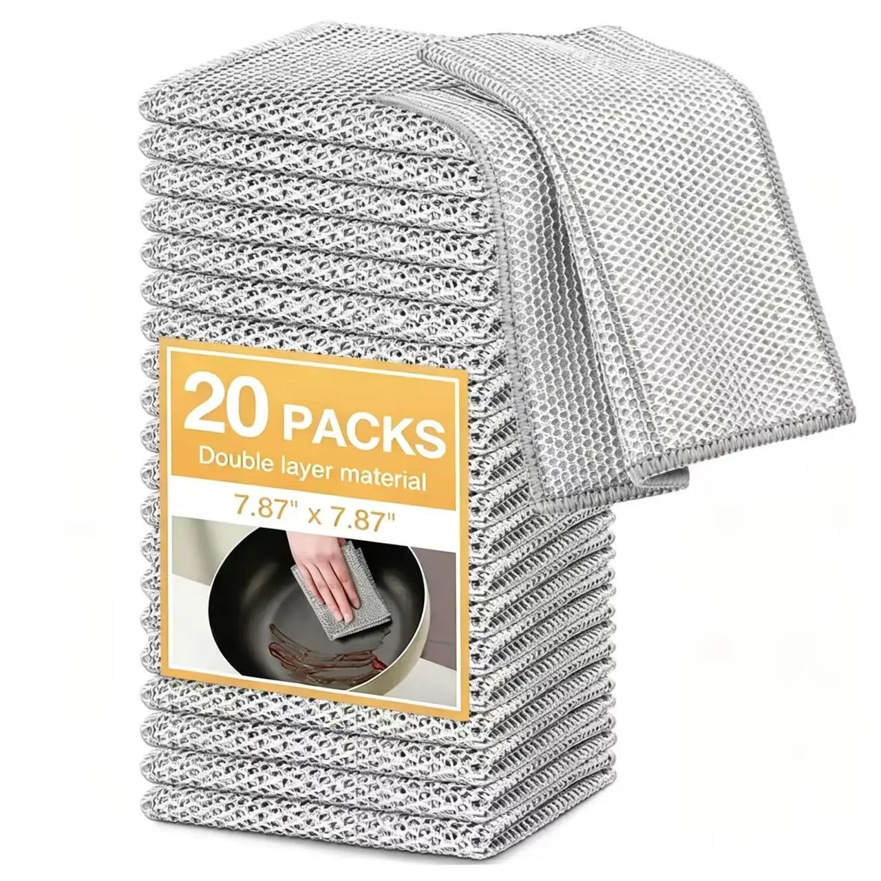Reusable Silver Mesh Kitchen Dishcloths, 20-Pack Double-Layer Non-Scratch Durable Wipes (20x20cm), Washable Multi-Purpose Multiple Packs for Pots, Sinks Household Cleaning
