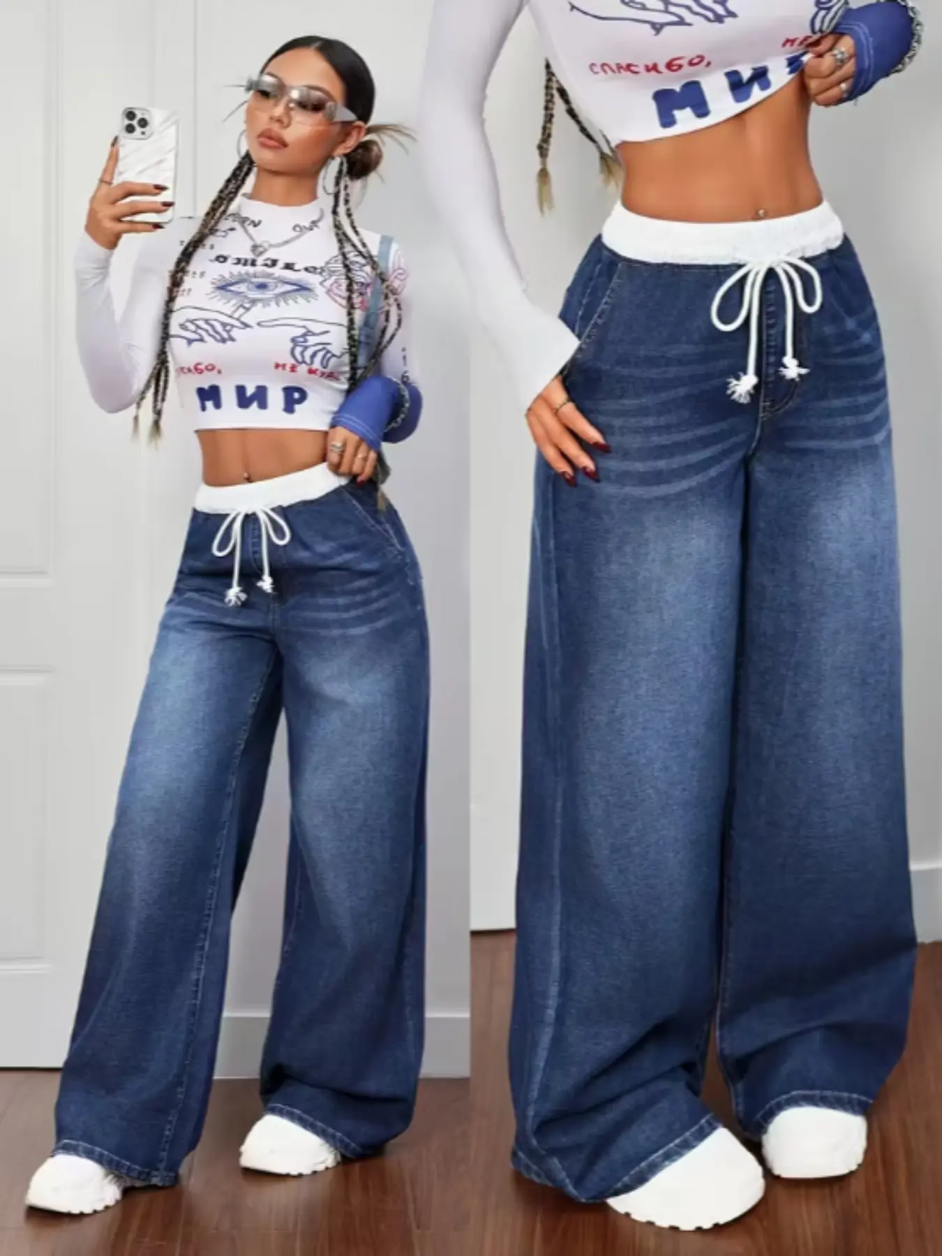 Women's High-Waisted Drawstring Loose Fit Baggy Oversized Button Denim Jeans Denim Clothing, Casual Design Jeans, Everyday Casual Korean Fashion Streetwear Wide Leg Jeans for All Seasons, Comfortable Boyfriend Style Womenswear Pants Bottom