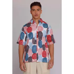 "Flowers" Button Up Shirt in Red & Blue Dots Print