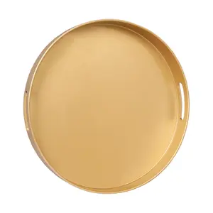 Modern 13" Gold Round Serving Tray with Handles – Plastic Decorative Tray for Coffee Table, Ottoman & Bathroom Decor