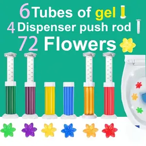 6pcs-84 Count Fresh Flower Gel Stamp Toilet Cleaner, Air Freshener, Fresh Bathroom Toilet Cleaning Gel Stamp, Helps Keep Toilet Clean, Prevents Scale and Toilet Ring, 6 Fragrance Options, Includes 4 Dispenser and 6 Gels