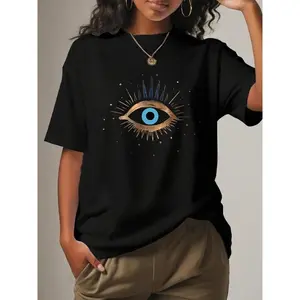 Women's Graphic Round Neck Tee, Summer Clothes Women, Summer Graphic Tees Women, Fashion Casual Eye Print Short Sleeve T-shirt for Holiday Vacation Outdoor Top Womenswear Everyday Fit