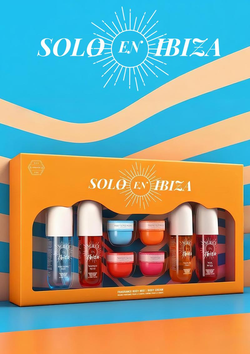 8-Piece Set, SOLO EN IBIZA Body & Hair Fragrance Mist And Body Cream Gift Box, Long Lasting Perfume, 4 Different Scents, Perfect For Holiday Gifts, Dating, Daily Life, Parties, 3.4 fl oz Perfume,1 oz Body Cream