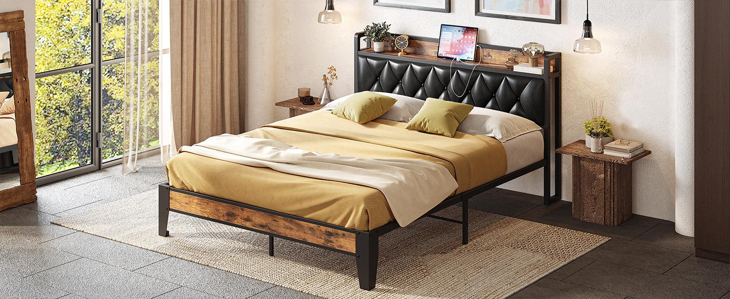 ANCTOR Bed Frame, Storage Headboard with Outlets, Easy to Install, Sturdy and Stable, No Noise, No Box Springs Needed