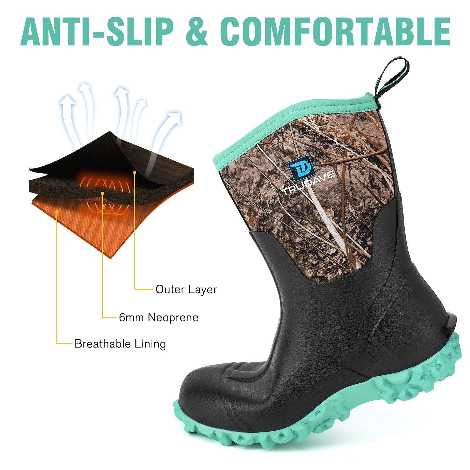 Trudave All-Season Waterproof Rubber Boots for Women Mid-Calf Rain & Hunting Boots with Steel Shank Insulated & Anti-Slip Sole Black Size 5-11 Comfortable Footwear Girl