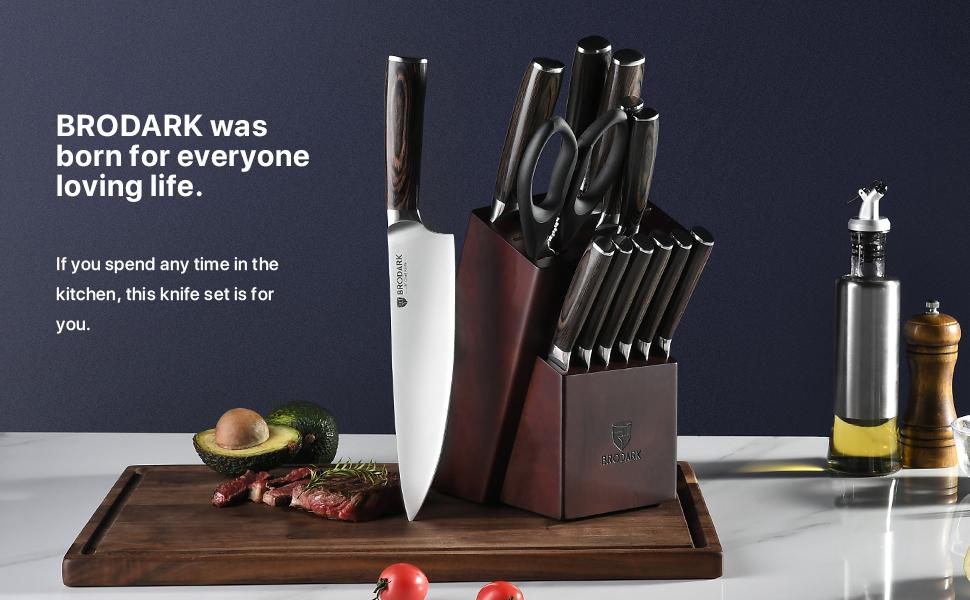 BRODARK 15PCS Full Tang Knife Set with Block wooden controller Food Grade German High Carbon Stainless Steel Professional Chef Knife Set with Sharpener Steak meat boning kitchen knives gifts for men Outdoorfun Utensils Kitchenware
