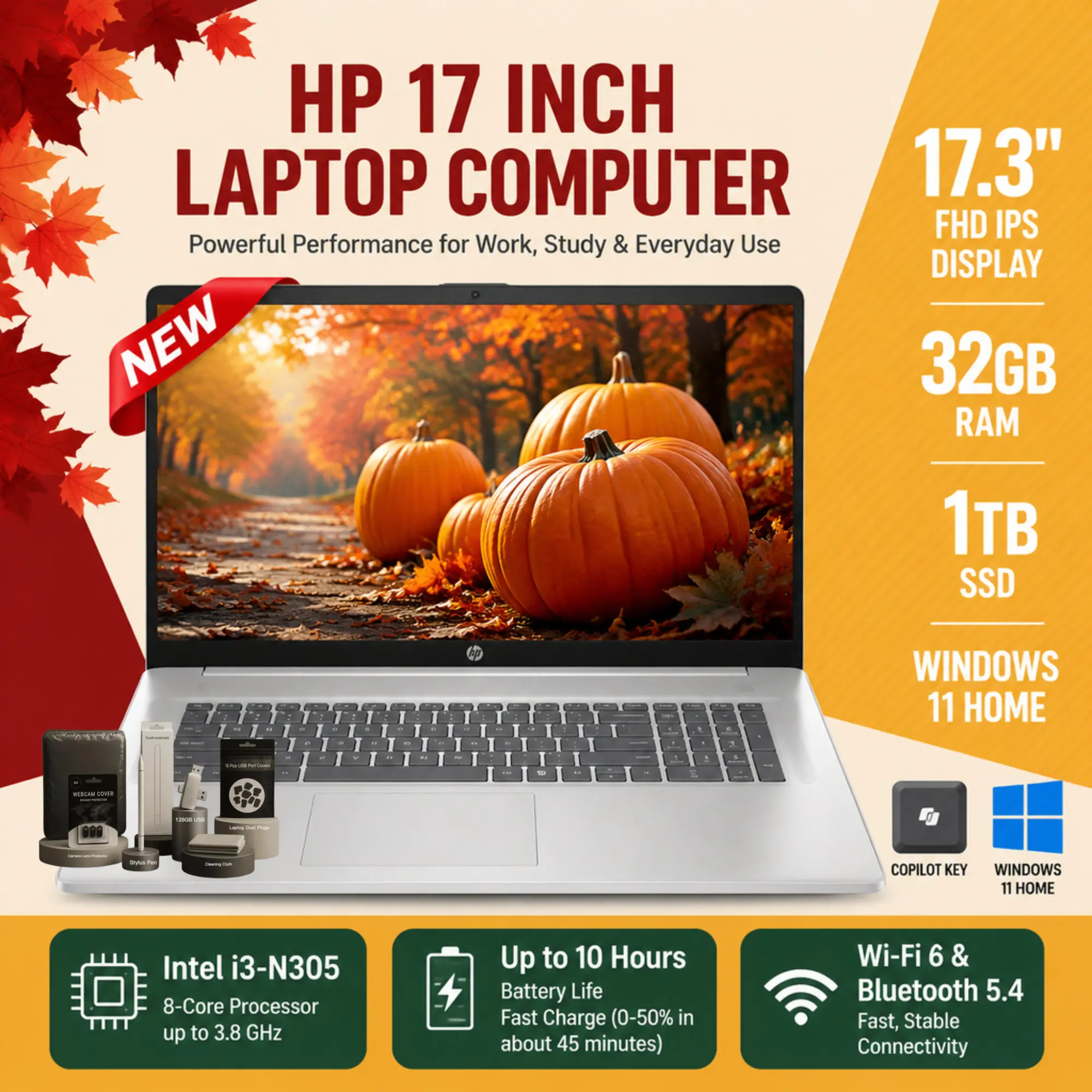HP 17.3" Full HD IPS Laptop Computer, 8-Core Intel i3-N305, Up to 32GB RAM, 1TB SSD, Windows 11 Home, Fast Charge, Wi-Fi 6, Bluetooth 5.4, Built-in HD Webcam, d1523, Bundle Accessories Included, for Work/Study