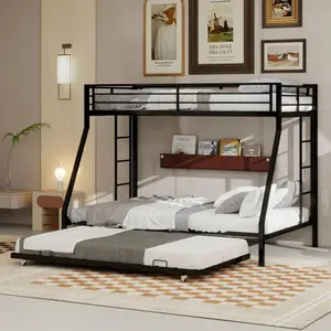 Twin Over Queen Bunk Bed with Trundle, Heavy Duty Metal Frame with Full-Length Guardrails & Ladder, Bunk Beds with Trundle for , Teens, Adults, Black