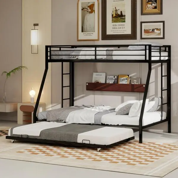 Twin Over Queen Bunk Bed with Pull Out Trundle - Heavy-Duty Rust Resistant Metal Frame, Full-Length Guardrails, Ladder, Silent Design - 82.28x62.60x63.58 Inches Bunk Bed for Dorms