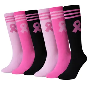 6 Pairs Women's Assorted Breast Cancer Awareness Pink Ribbon Crew Socks Size 9-11