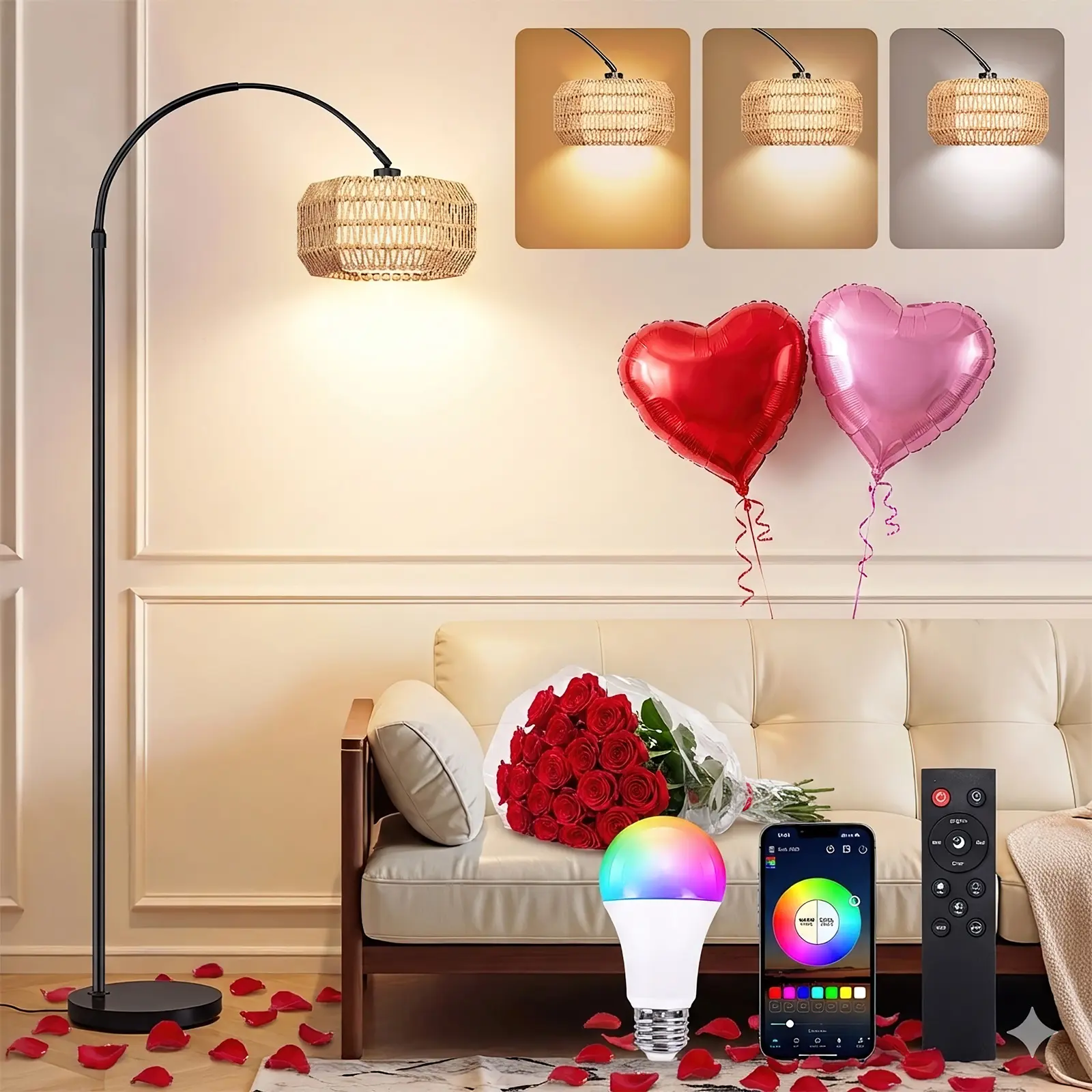[Summerwins] Bohemian LED RGB Rattan Arc Floor Lamp with App-Remote-Foot Switch Control, Fabric Shade, Adjustable Head, 3 Color Temperatures, Dimmable Warm White-RGB Multicolored Mood Light for Living Room, Bedroom, Nursery (Android Compatible)