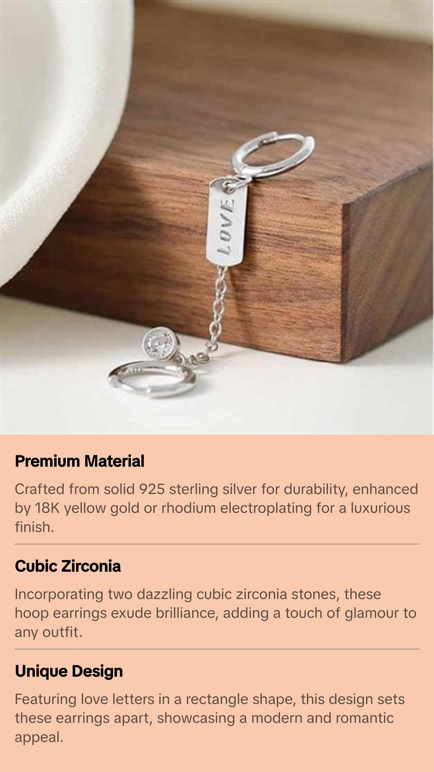Fashion Doule Hole CZ Love Letters Rectangle 925 Sterling Silver Hoop Earrings