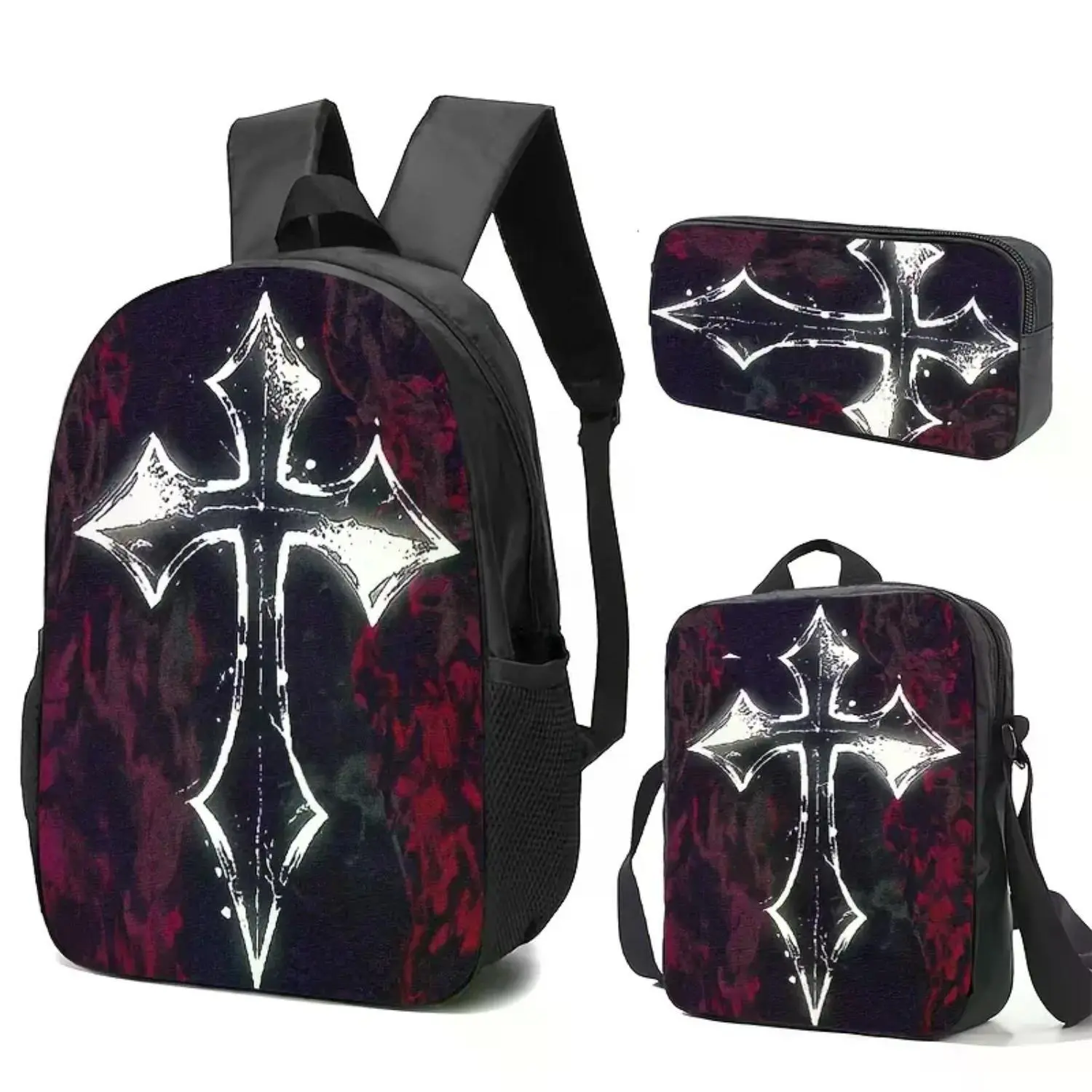 Gothic Cross Print Backpack Set: Durable Dark-Themed Oxford Cloth with High-Resolution Design, Large Capacity, and Adjustable Straps for Everyday Use